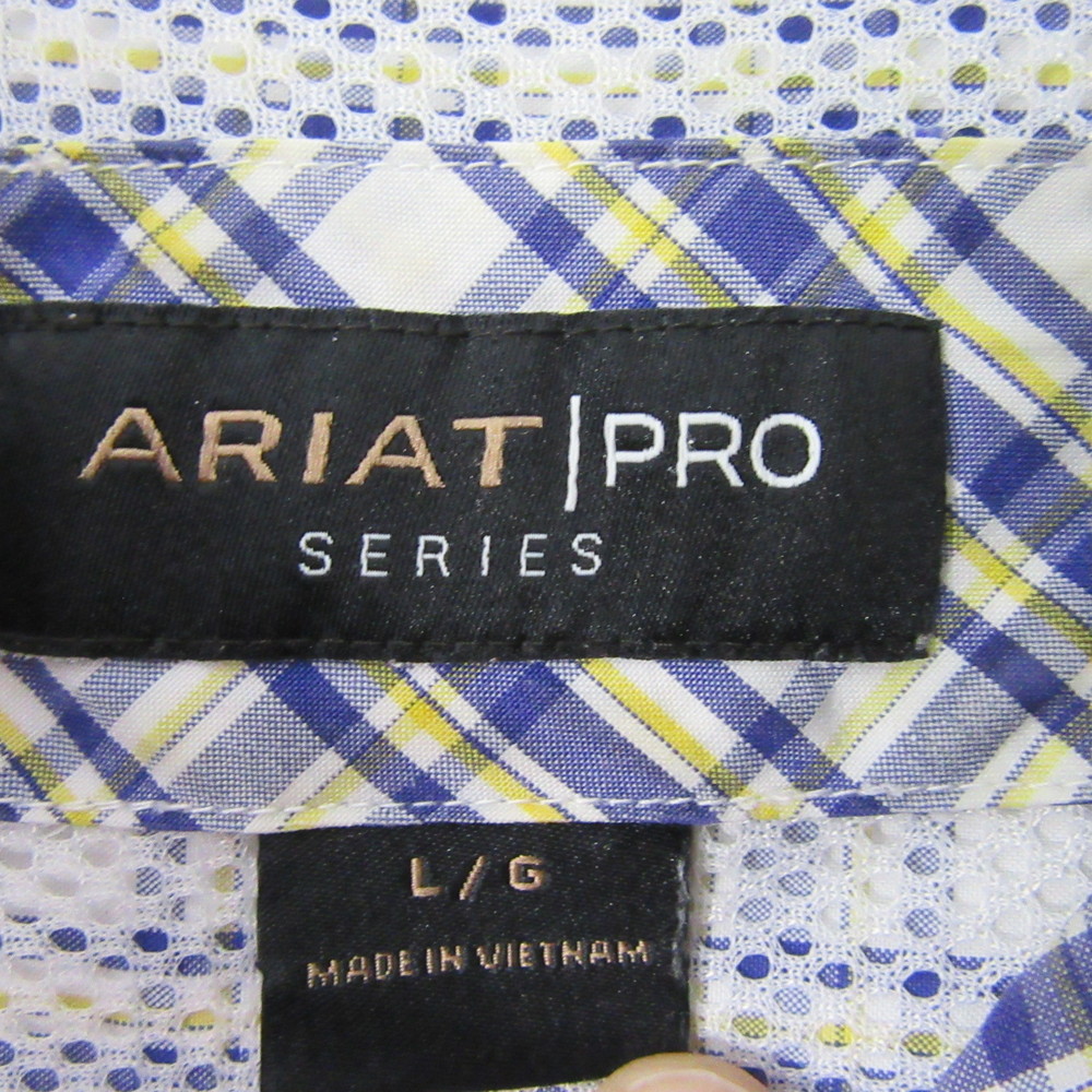 Ariat Pro Short Sleeve Button Down Shirt L Blue Yellow Check Pocket Logo - Picture 5 of 7